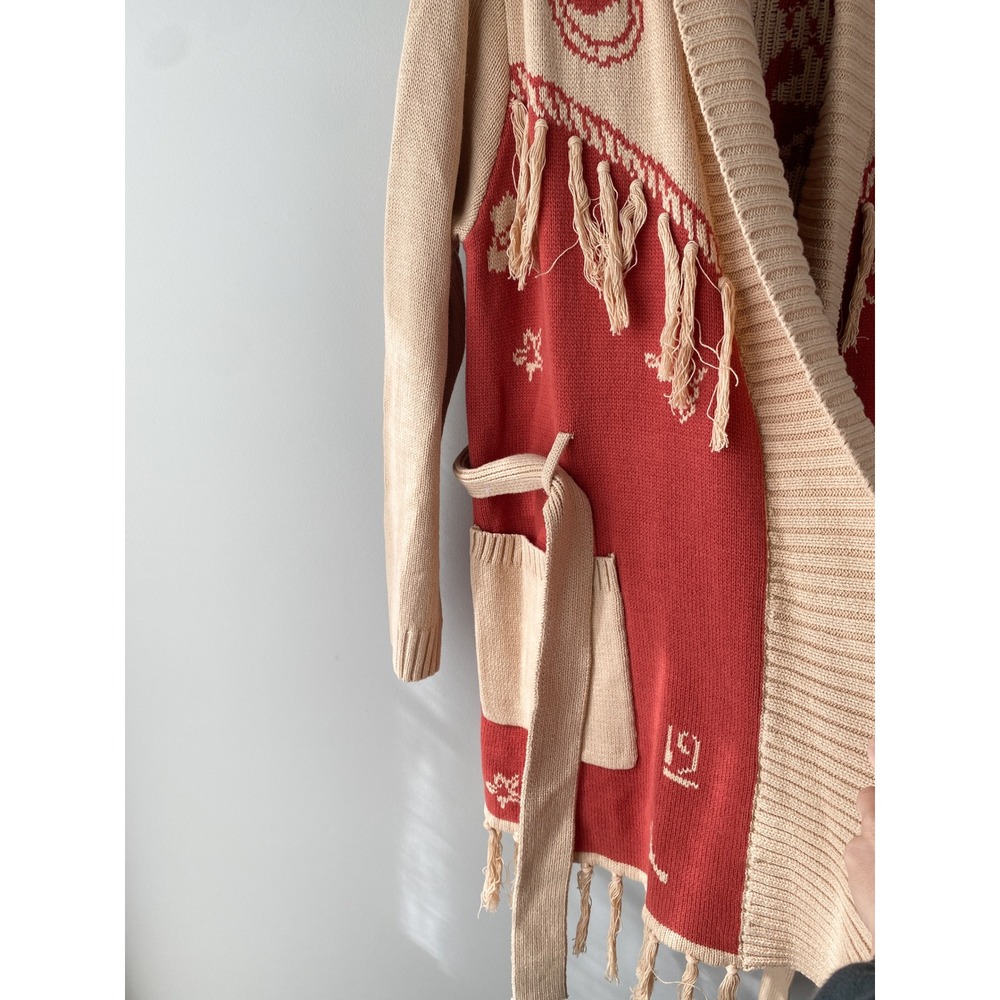 Idyllwind Womens Cardigan XL Tan Red Western Bronco Fringe Cowgirl Belted Boho - Picture 5 of 11
